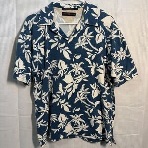 Tommy Hilfiger Mens Hawaiian Shirt Blue White Palm Tree Collared Size L
